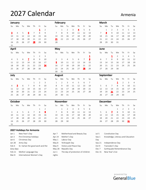 Standard Holiday Calendar for 2027 with Armenia Holidays