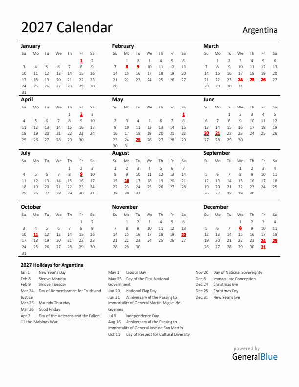 Standard Holiday Calendar for 2027 with Argentina Holidays 