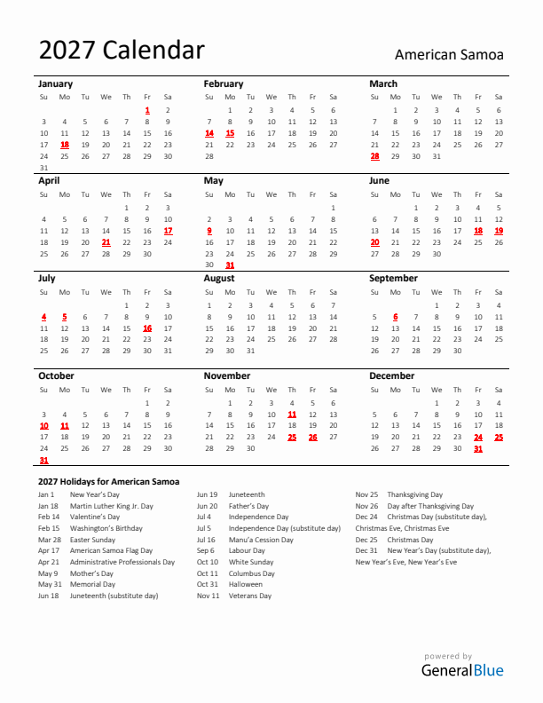 Standard Holiday Calendar for 2027 with American Samoa Holidays 