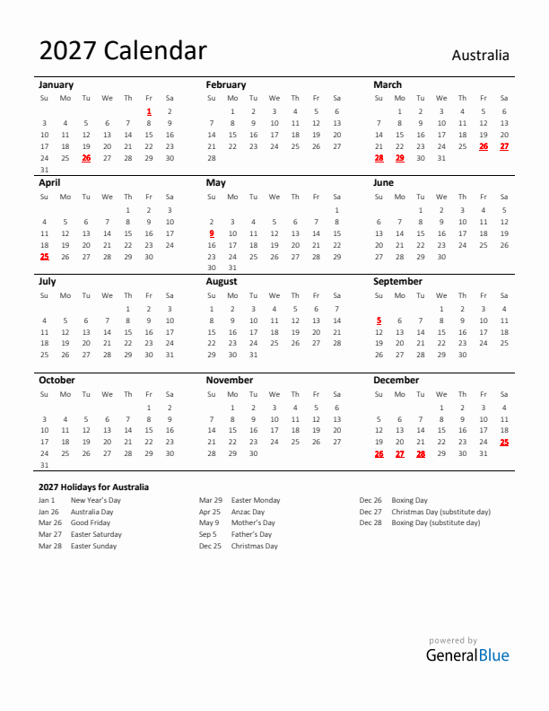 Standard Holiday Calendar for 2027 with Australia Holidays