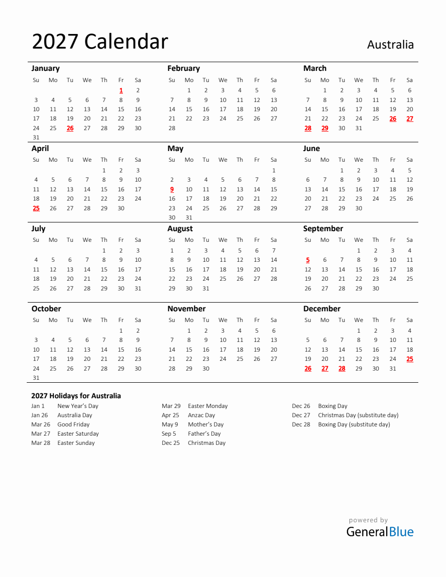 Standard Holiday Calendar for 2027 with Australia Holidays