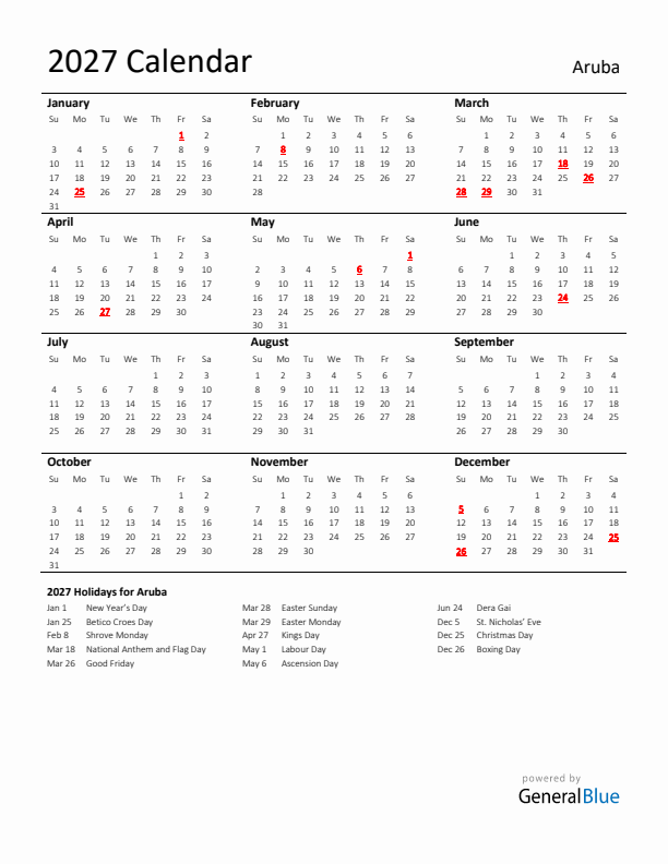 Standard Holiday Calendar for 2027 with Aruba Holidays