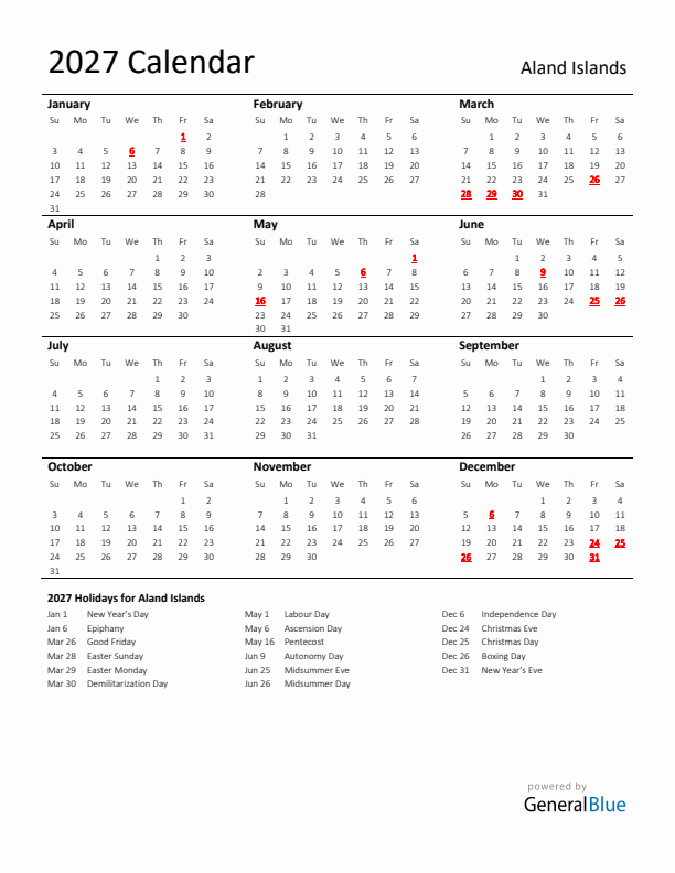 Standard Holiday Calendar for 2027 with Aland Islands Holidays