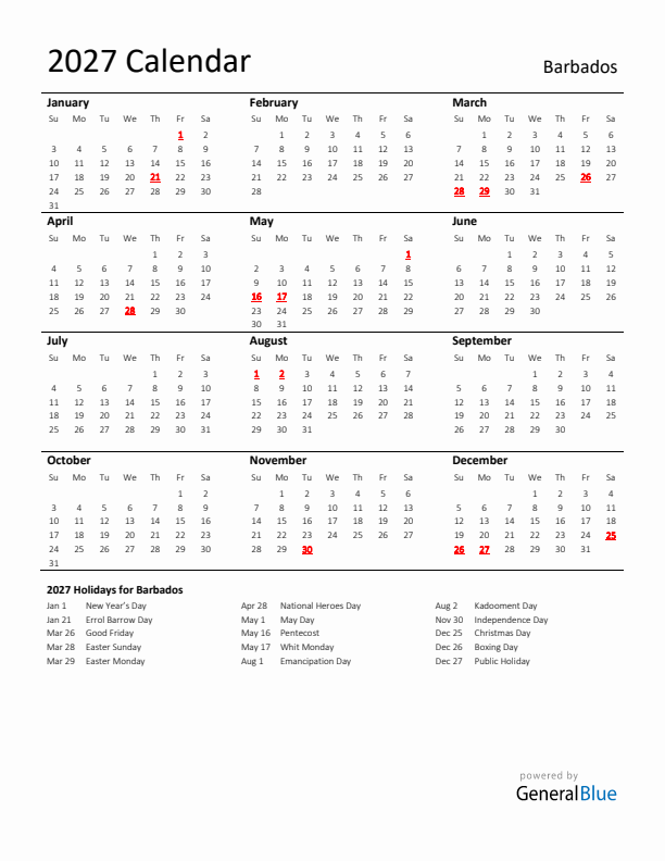 Standard Holiday Calendar for 2027 with Barbados Holidays