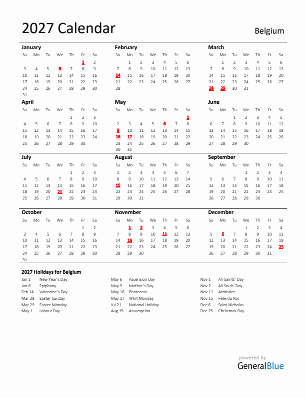 Standard Holiday Calendar for 2027 with Belgium Holidays