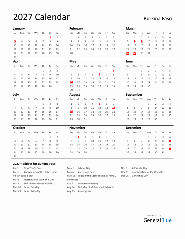 Standard Holiday Calendar for 2027 with Burkina Faso Holidays