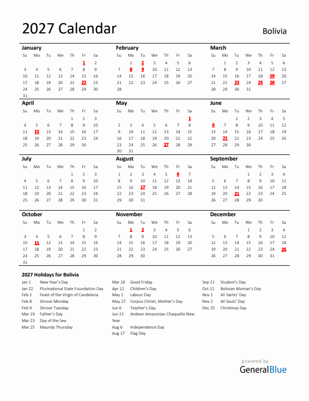 Standard Holiday Calendar for 2027 with Bolivia Holidays