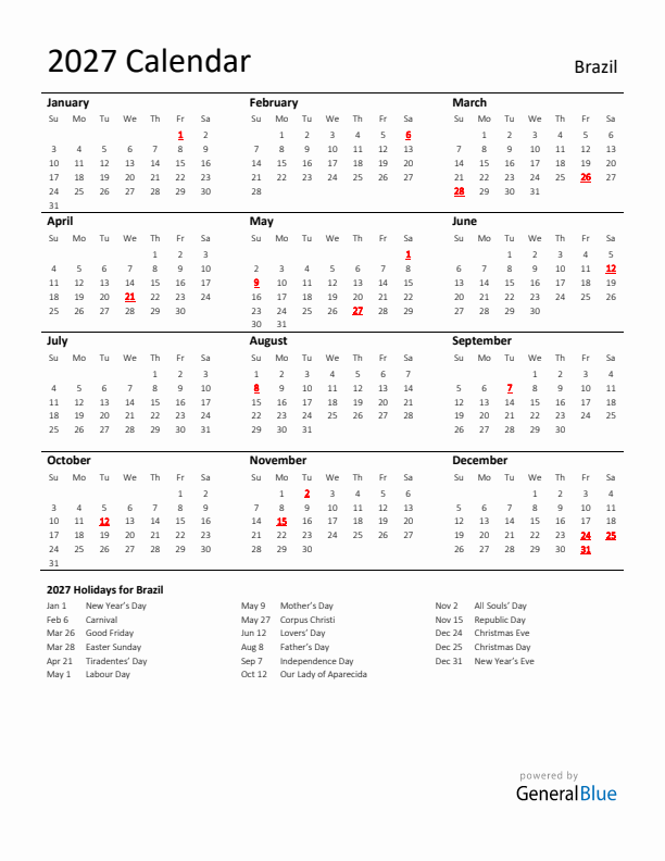 Standard Holiday Calendar for 2027 with Brazil Holidays