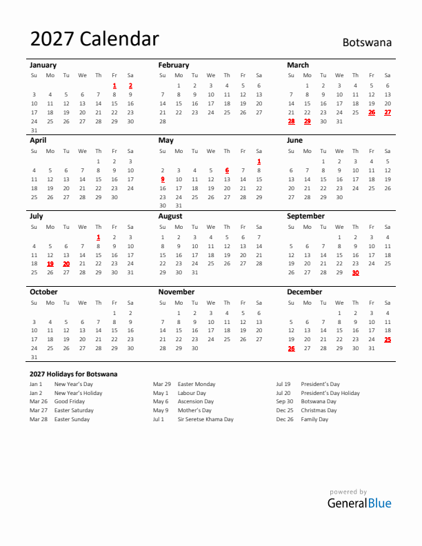 Standard Holiday Calendar for 2027 with Botswana Holidays