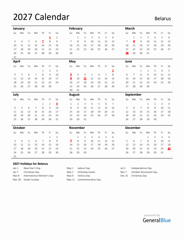 Standard Holiday Calendar for 2027 with Belarus Holidays