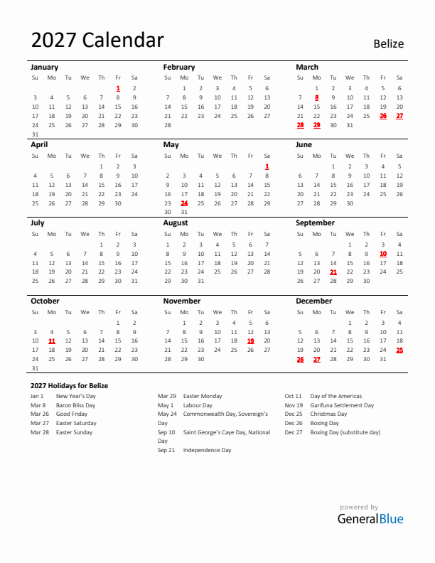 Standard Holiday Calendar for 2027 with Belize Holidays