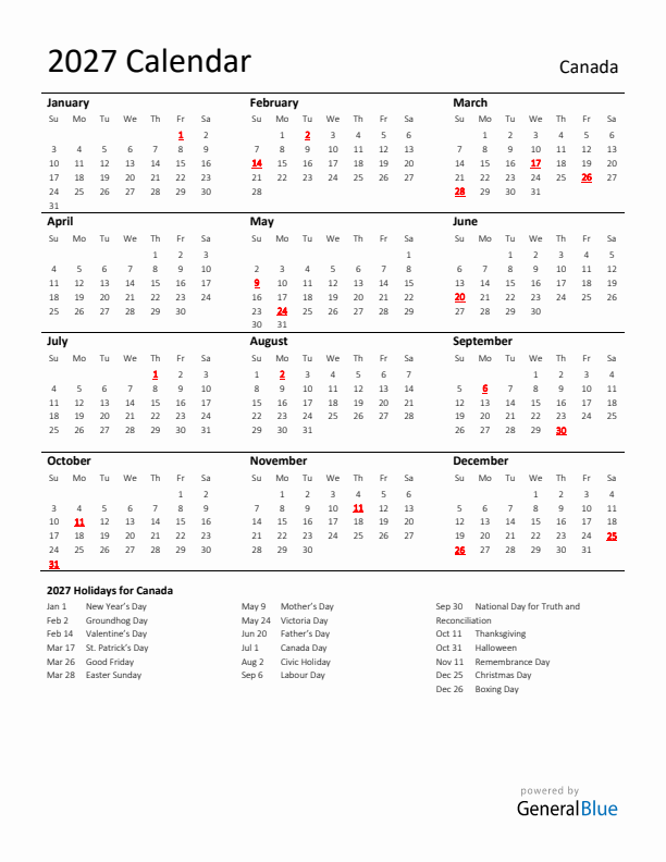 Standard Holiday Calendar for 2027 with Canada Holidays