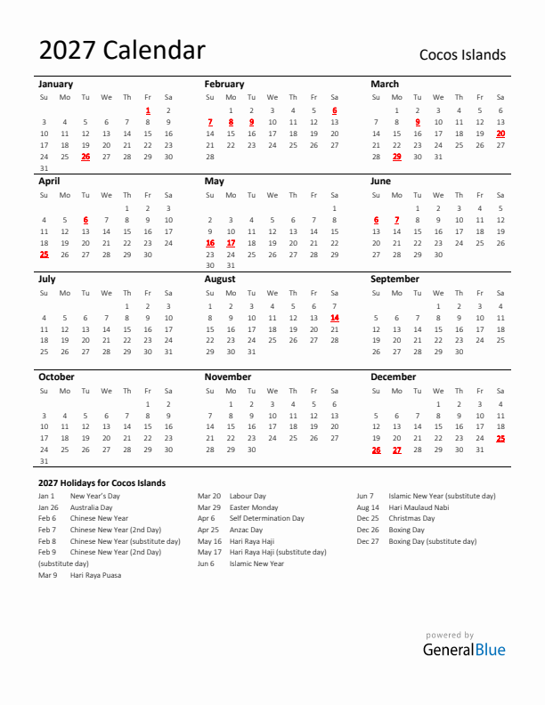 Standard Holiday Calendar for 2027 with Cocos Islands Holidays