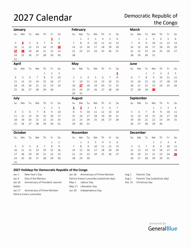 Standard Holiday Calendar for 2027 with Democratic Republic of the Congo Holidays 