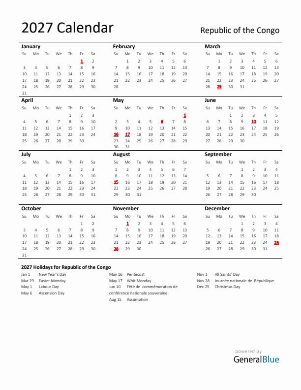 Standard Holiday Calendar for 2027 with Republic of the Congo Holidays 
