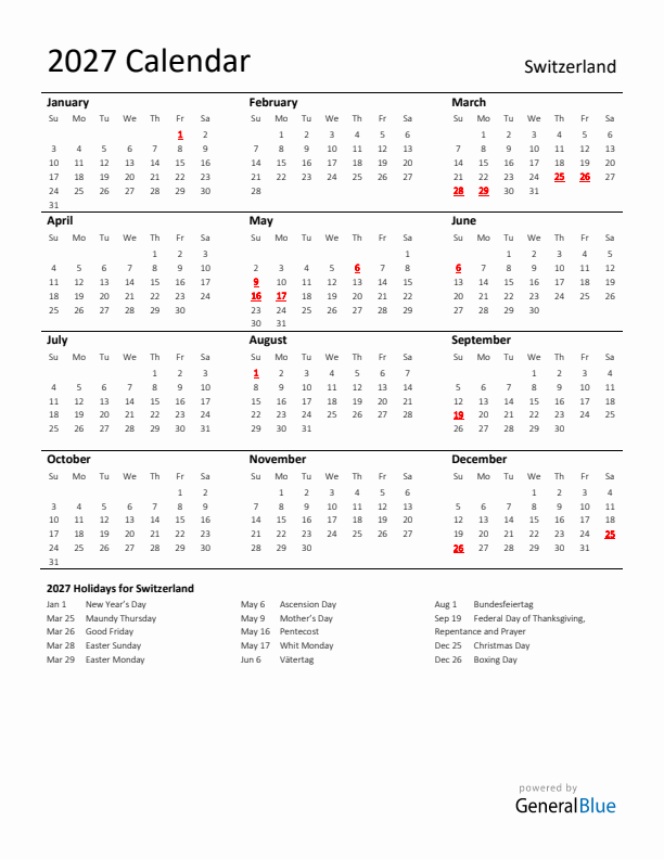 Standard Holiday Calendar for 2027 with Switzerland Holidays