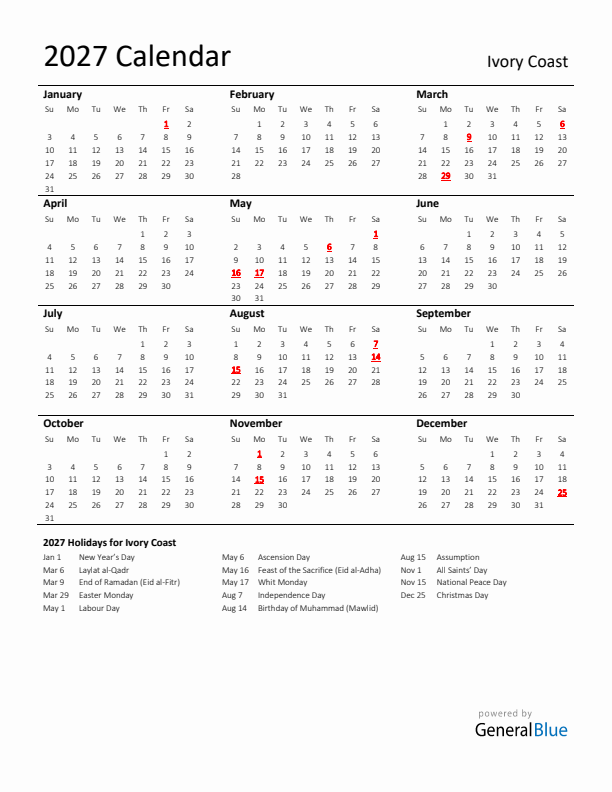 Standard Holiday Calendar for 2027 with Ivory Coast Holidays 