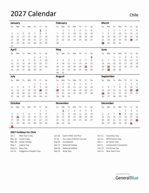Standard Holiday Calendar for 2027 with Chile Holidays