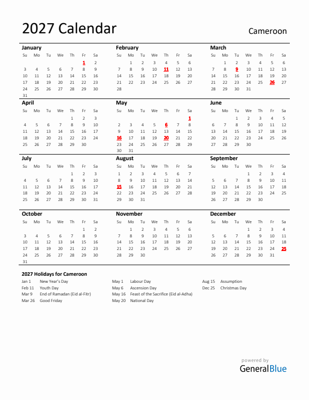 Standard Holiday Calendar for 2027 with Cameroon Holidays