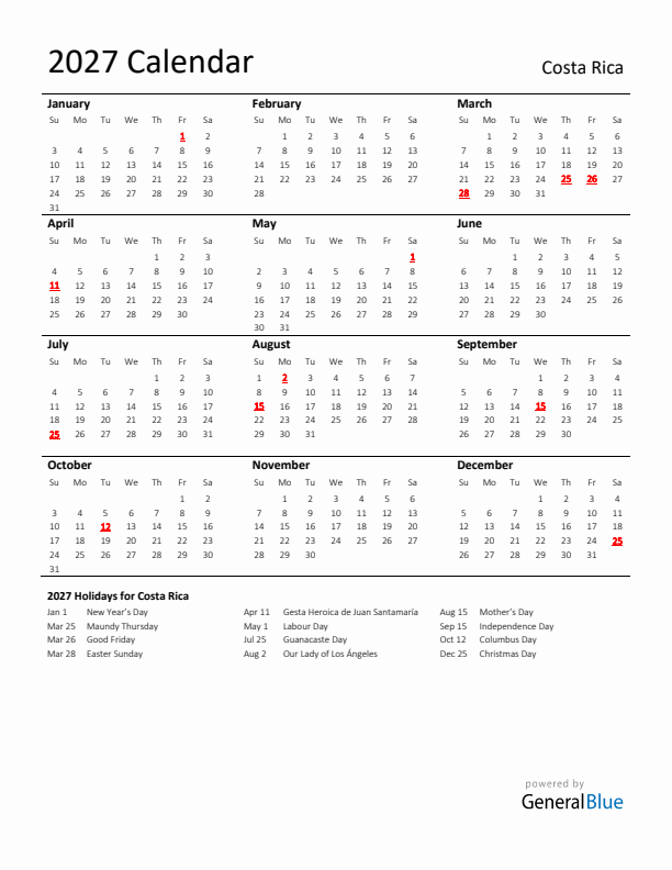 Standard Holiday Calendar for 2027 with Costa Rica Holidays