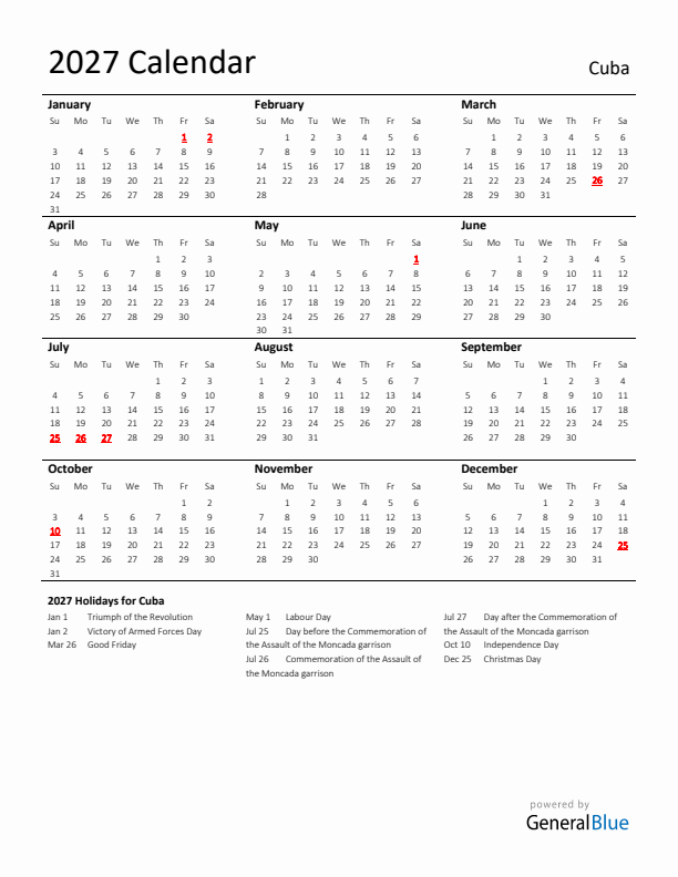 Standard Holiday Calendar for 2027 with Cuba Holidays