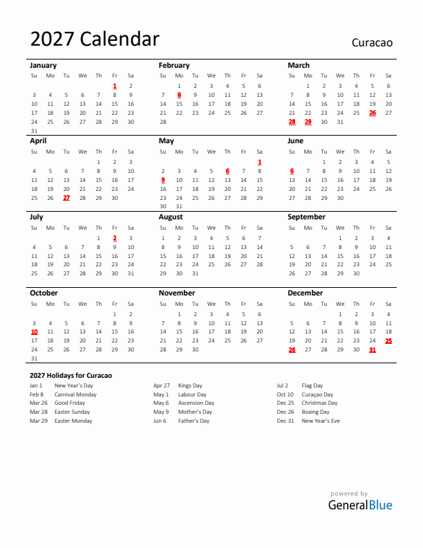 Standard Holiday Calendar for 2027 with Curacao Holidays