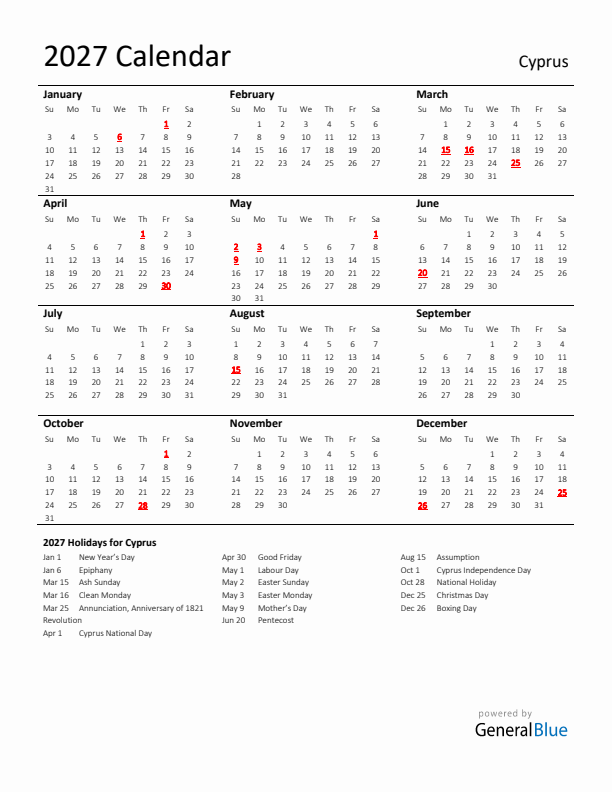Standard Holiday Calendar for 2027 with Cyprus Holidays