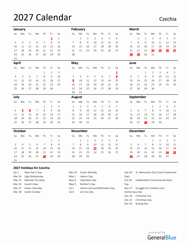 Standard Holiday Calendar for 2027 with Czechia Holidays 
