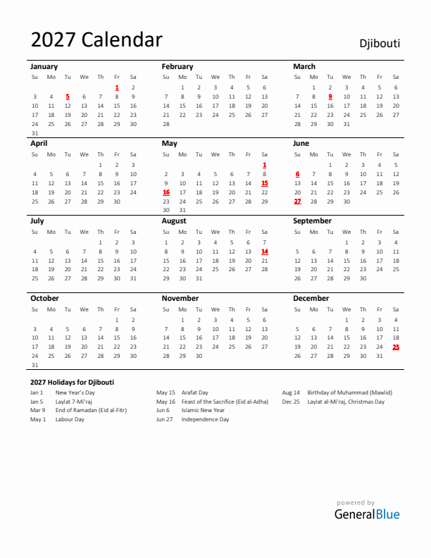 Standard Holiday Calendar for 2027 with Djibouti Holidays 