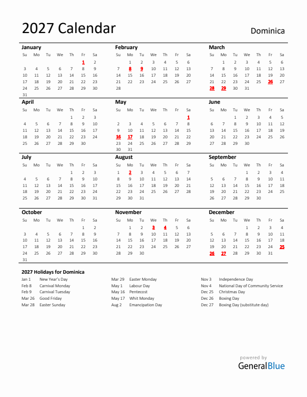 Standard Holiday Calendar for 2027 with Dominica Holidays