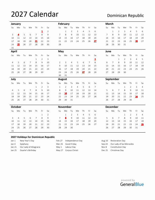 Standard Holiday Calendar for 2027 with Dominican Republic Holidays