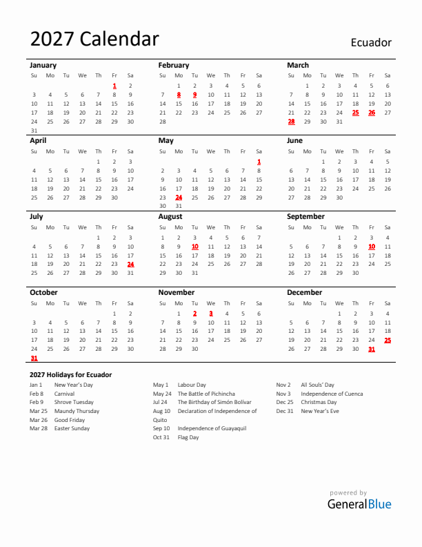 Standard Holiday Calendar for 2027 with Ecuador Holidays