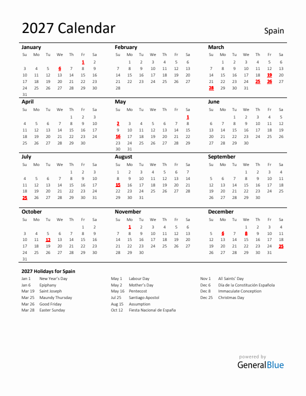 Standard Holiday Calendar for 2027 with Spain Holidays