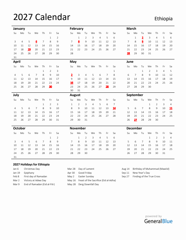 Standard Holiday Calendar for 2027 with Ethiopia Holidays