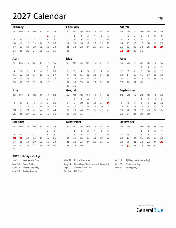 Standard Holiday Calendar for 2027 with Fiji Holidays 