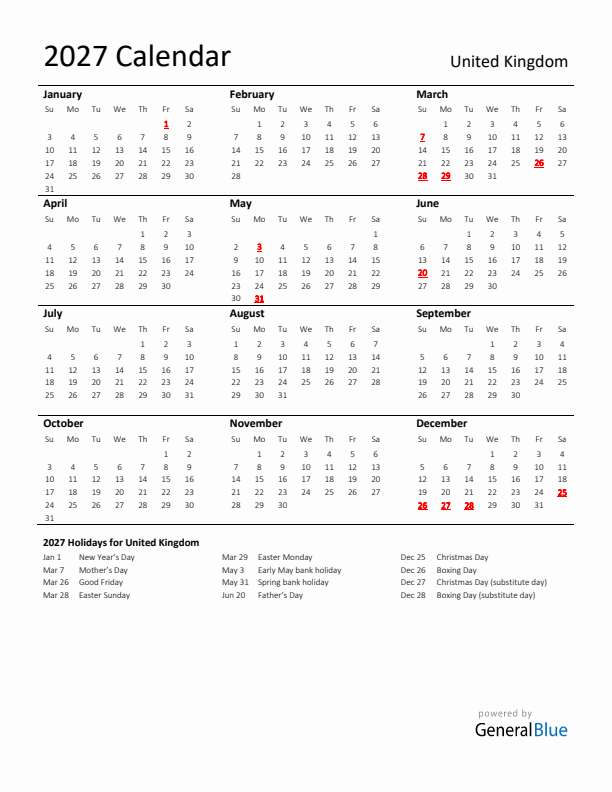 Standard Holiday Calendar for 2027 with United Kingdom Holidays