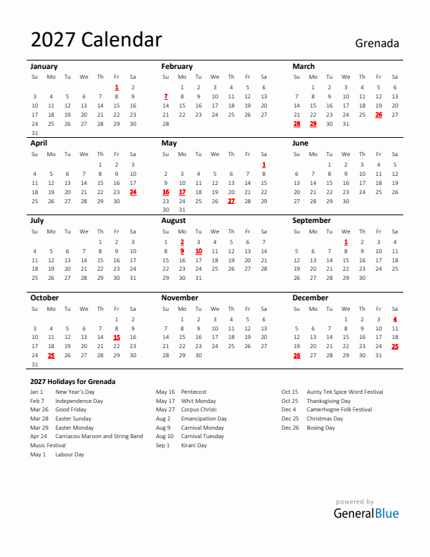 Standard Holiday Calendar for 2027 with Grenada Holidays