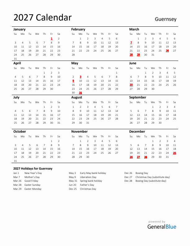 Standard Holiday Calendar for 2027 with Guernsey Holidays