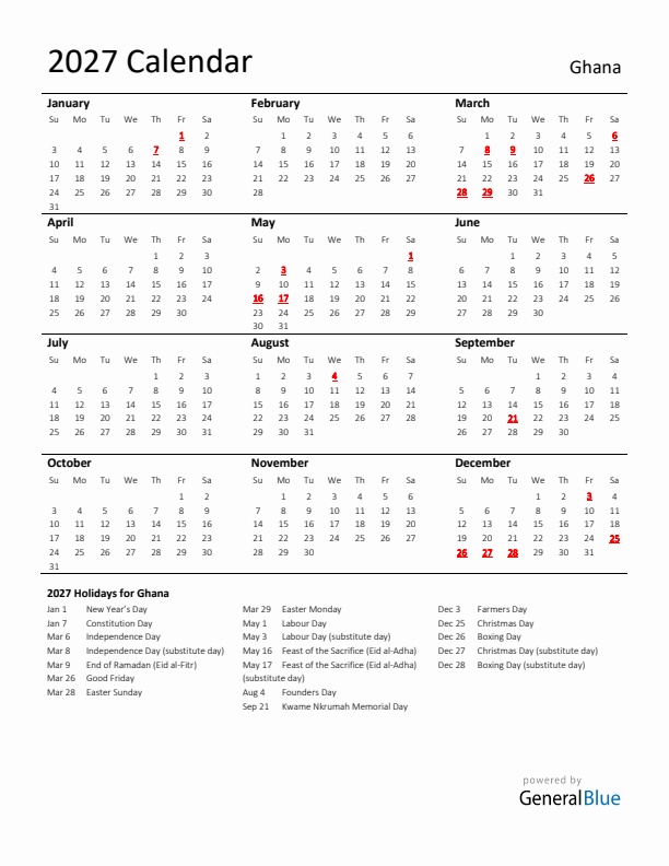Standard Holiday Calendar for 2027 with Ghana Holidays 