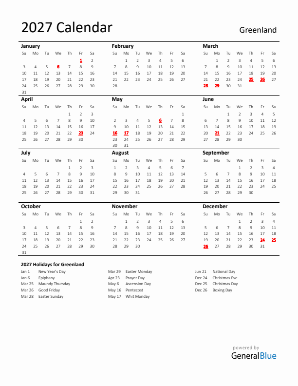 Standard Holiday Calendar for 2027 with Greenland Holidays