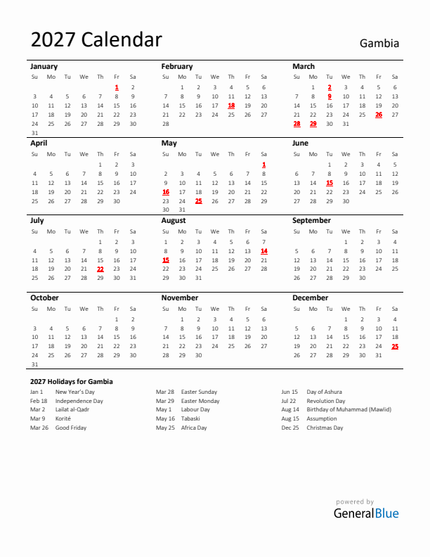 Standard Holiday Calendar for 2027 with Gambia Holidays 