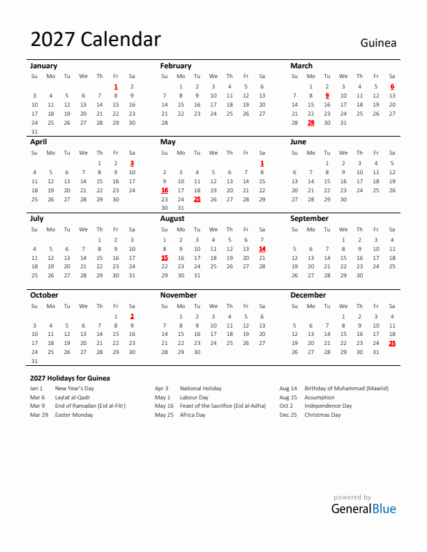 Standard Holiday Calendar for 2027 with Guinea Holidays 