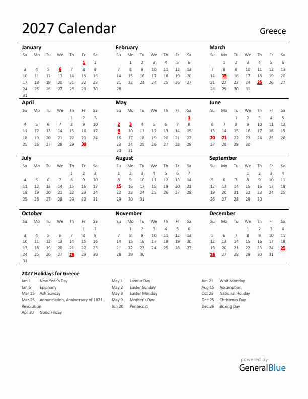 Standard Holiday Calendar for 2027 with Greece Holidays