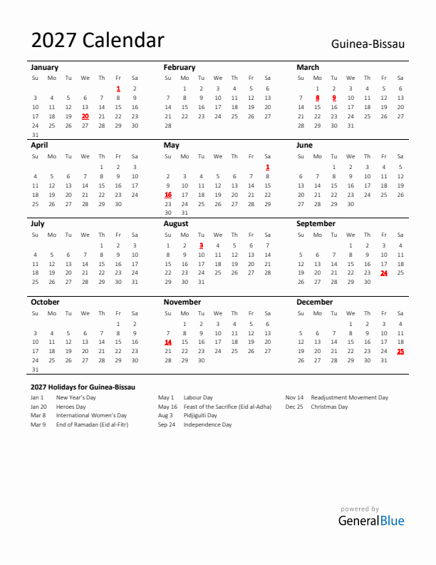 Standard Holiday Calendar for 2027 with Guinea-Bissau Holidays 