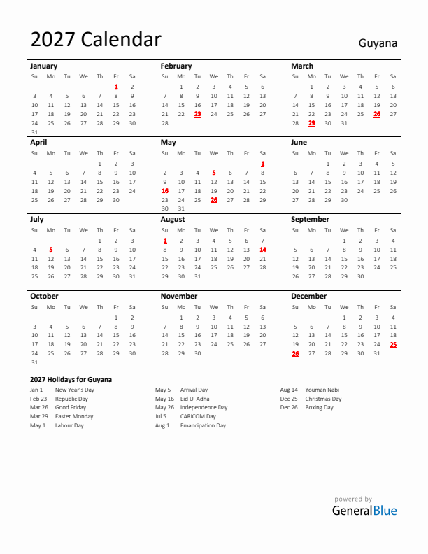 Standard Holiday Calendar for 2027 with Guyana Holidays