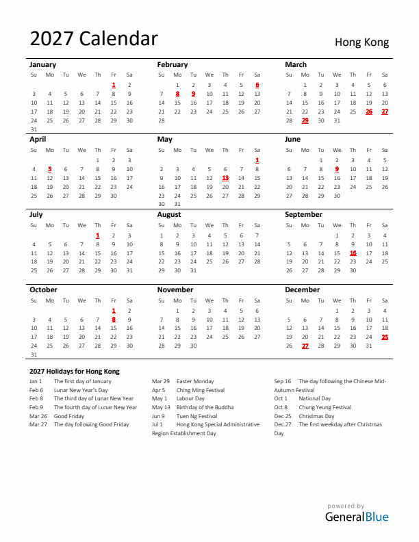 Standard Holiday Calendar for 2027 with Hong Kong Holidays 