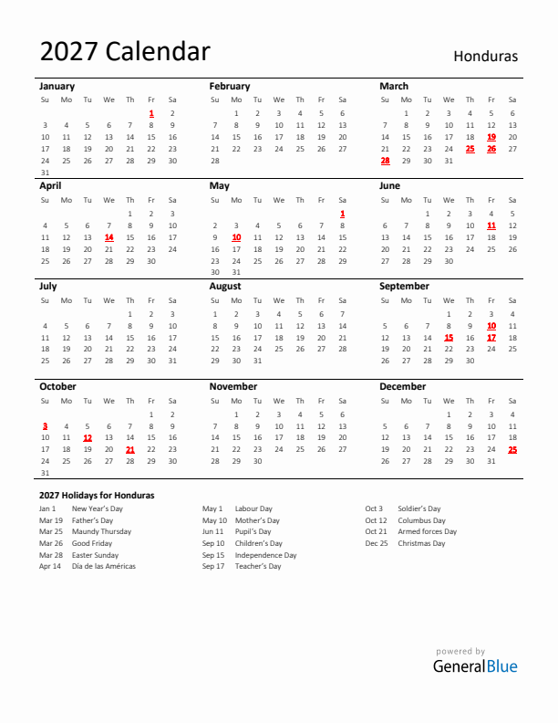 Standard Holiday Calendar for 2027 with Honduras Holidays