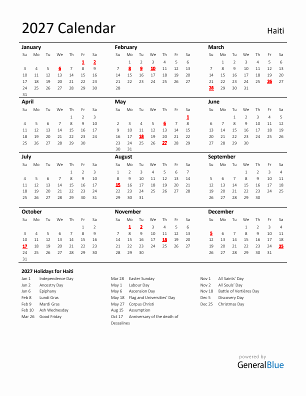 Standard Holiday Calendar for 2027 with Haiti Holidays