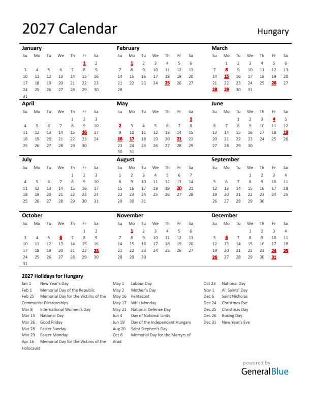 Standard Holiday Calendar for 2027 with Hungary Holidays