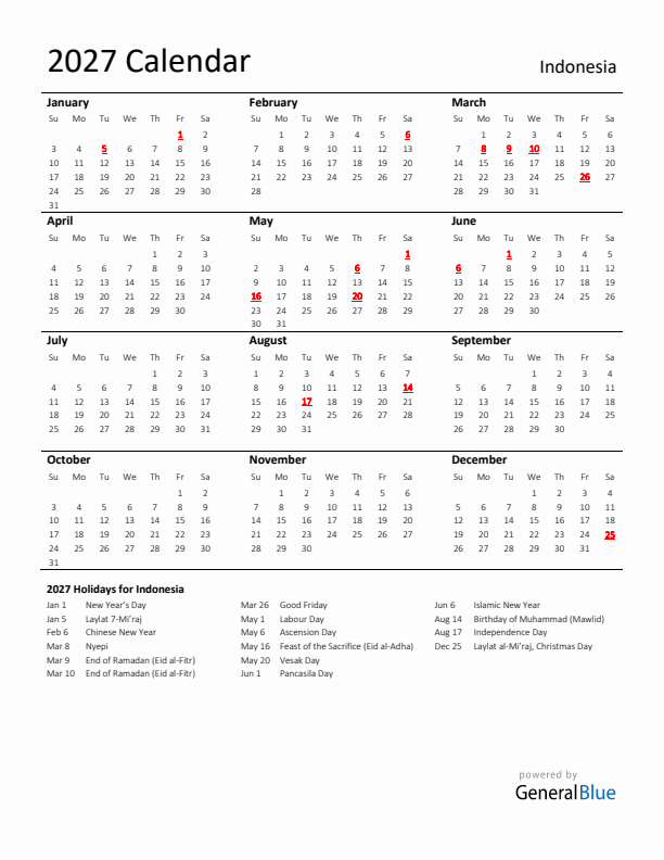 Standard Holiday Calendar for 2027 with Indonesia Holidays 